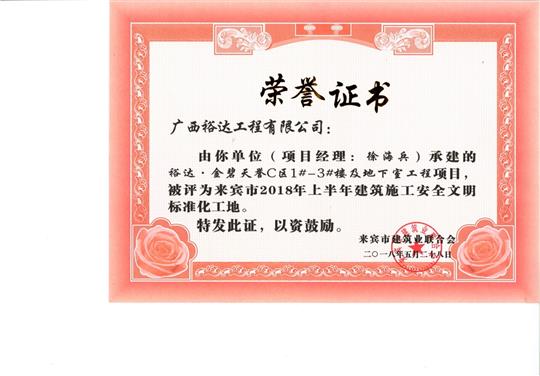 来宾市2018年上半年建筑施工安全文明标准化工地开云手机官方站在线入口-开云（中国）
·金碧天誉C区1#-3#楼及地下室工程项目